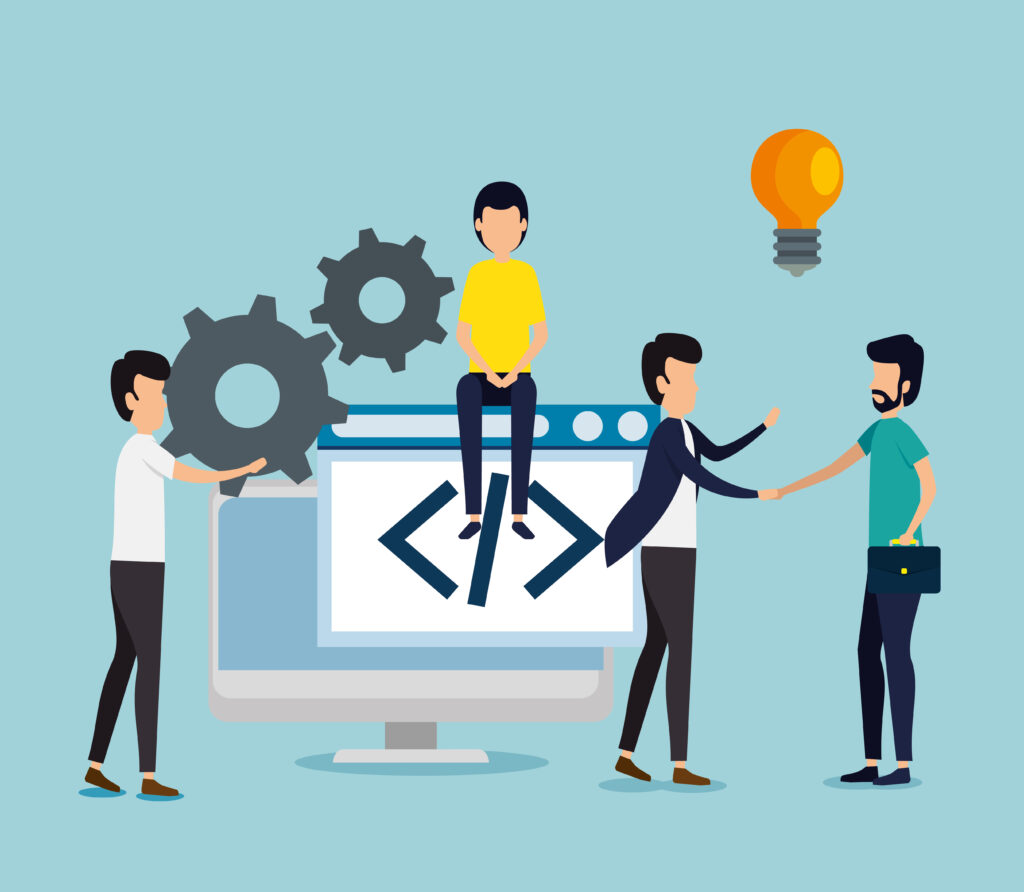 men teamwork with gears induatry and bulb idea